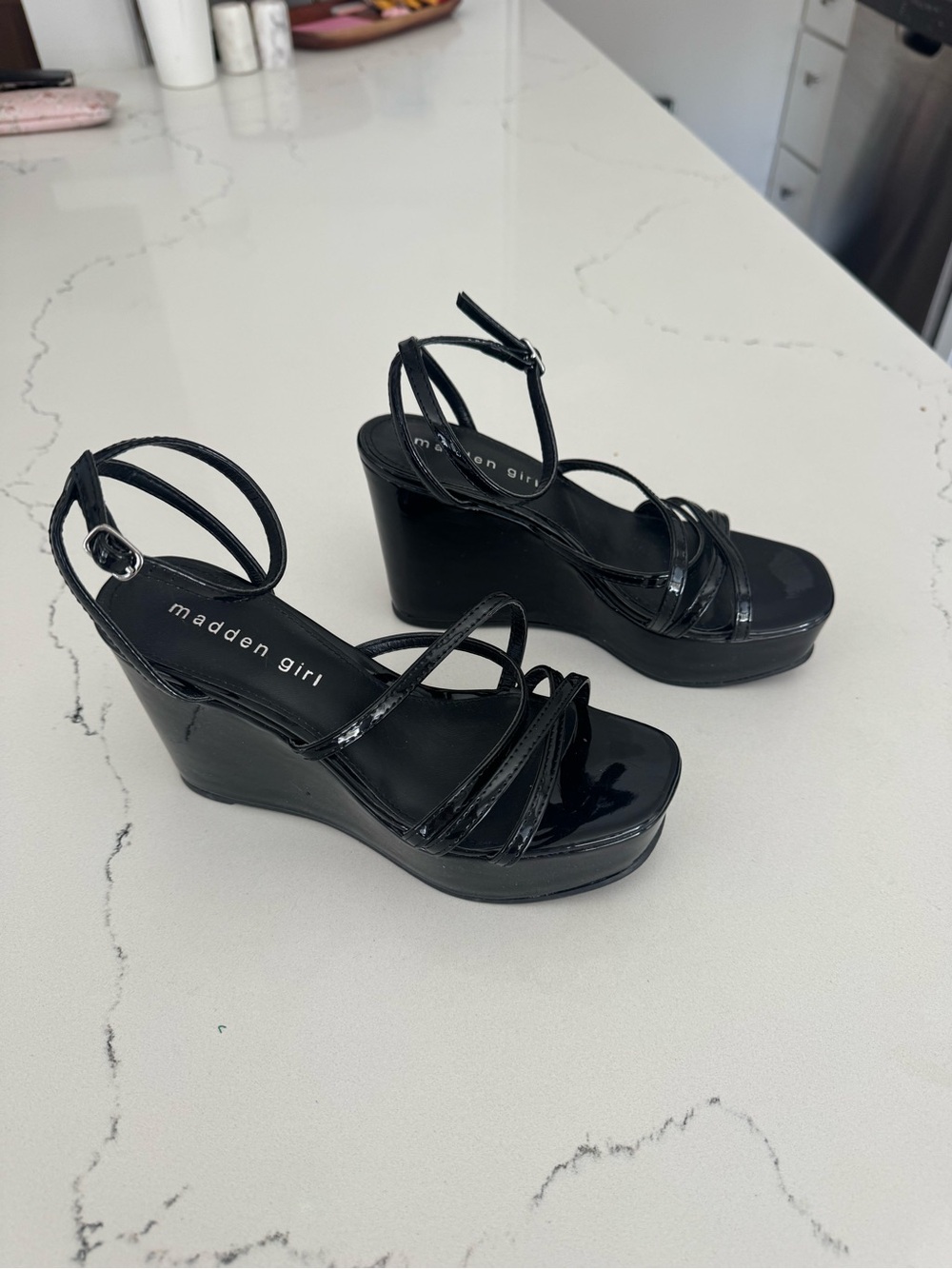 Size 6 Madden Girl Black Patent Strappy Wedge Sandals - Never worn